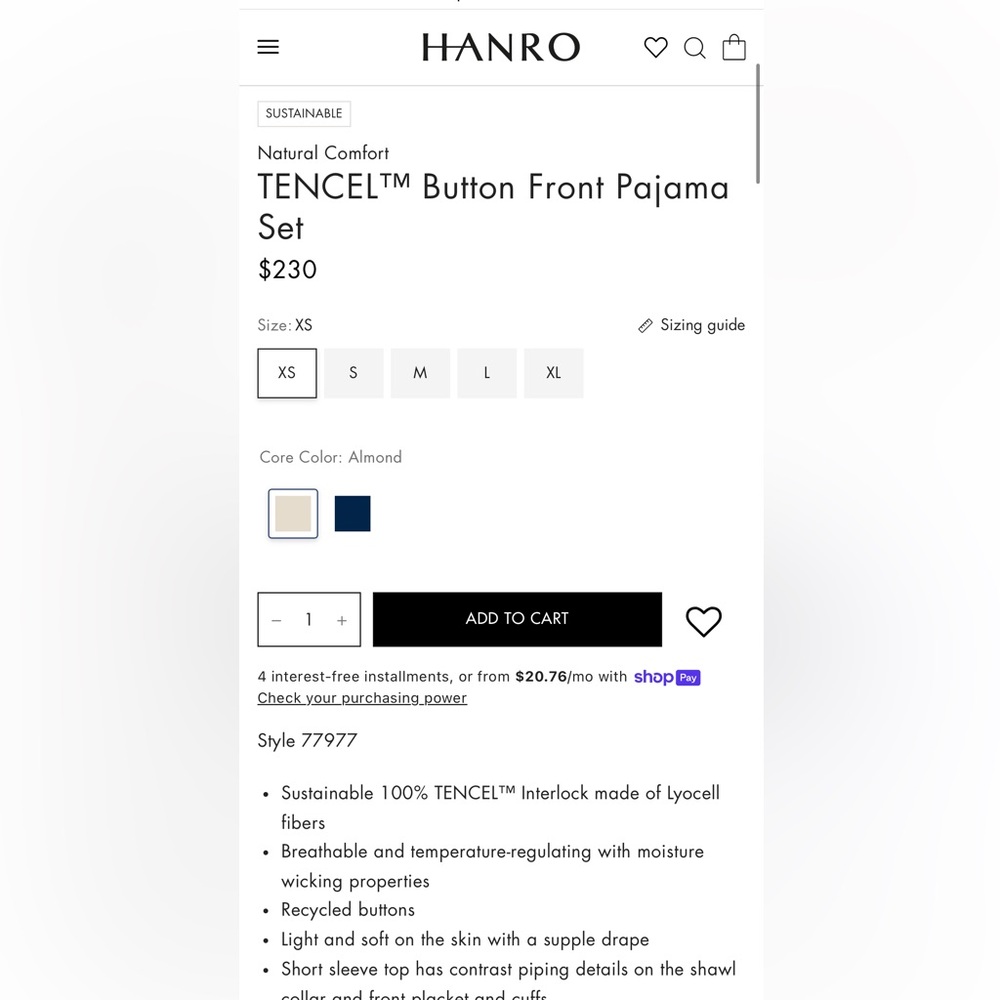 HANRO NWT Natural Comfort TENCEL™ Button Front Pajama Set Retail $230+ - Picture 2 of 11